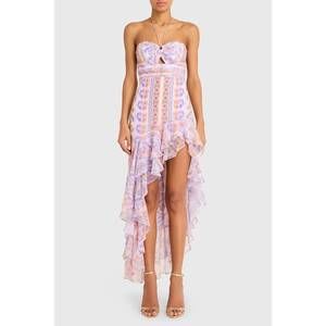 NEW AMANDA UPRICHARD estrada halter midi dress in pink multi
